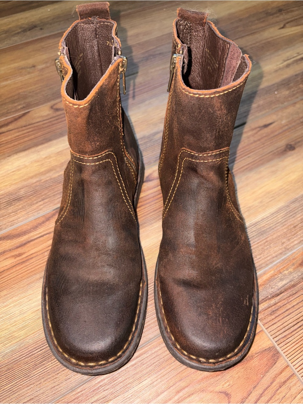 Born Women’s Brown Distressed Leather Ankle Booties with Side Zips